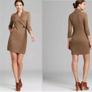 Calvin Klein brown tan cable knit shawl collar faux buckle detail fall dress M